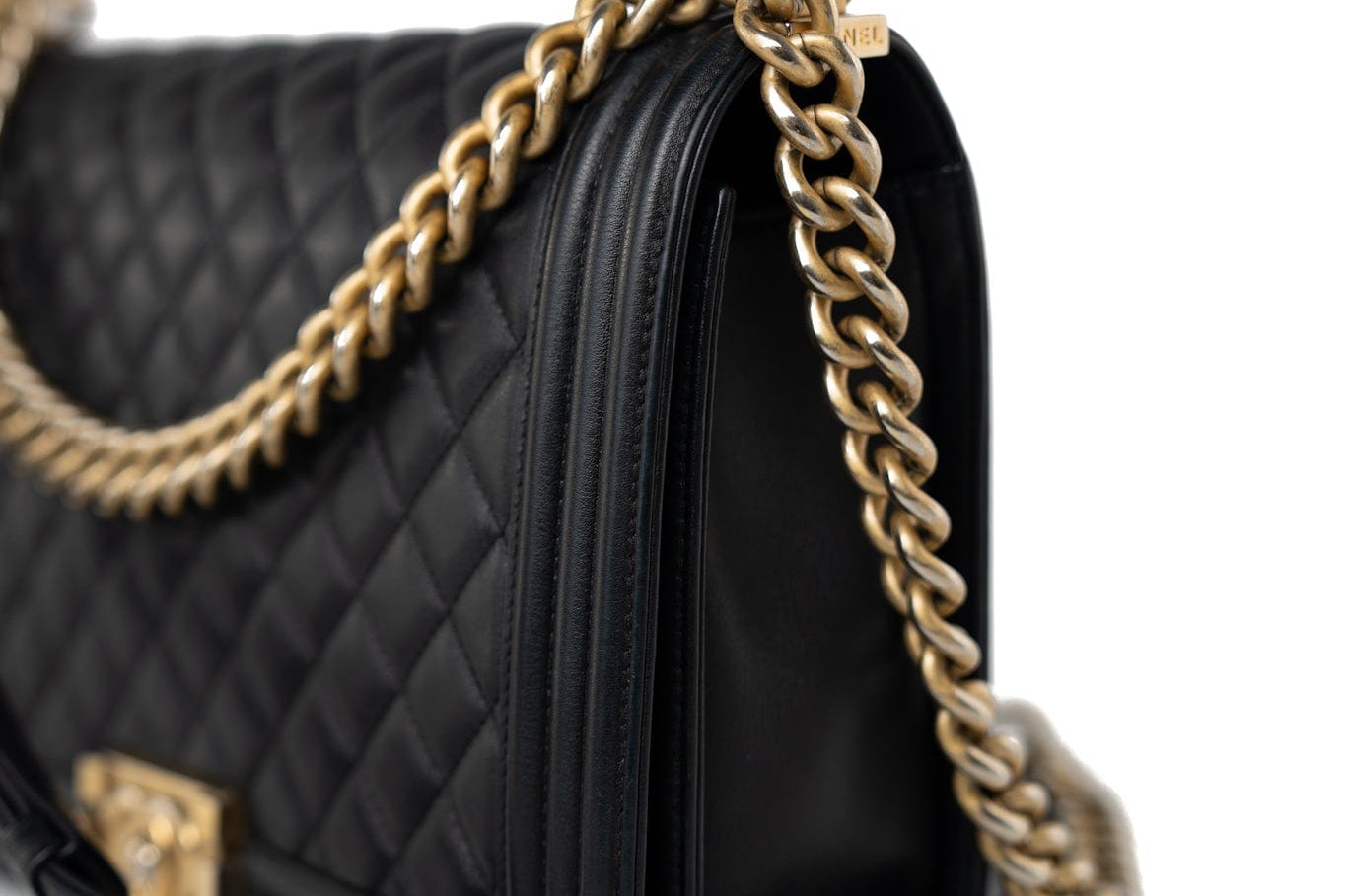CHANEL Handbag Black Black Lambskin Quilted New Medium Boy Bag Aged Gold Hardware - Redeluxe