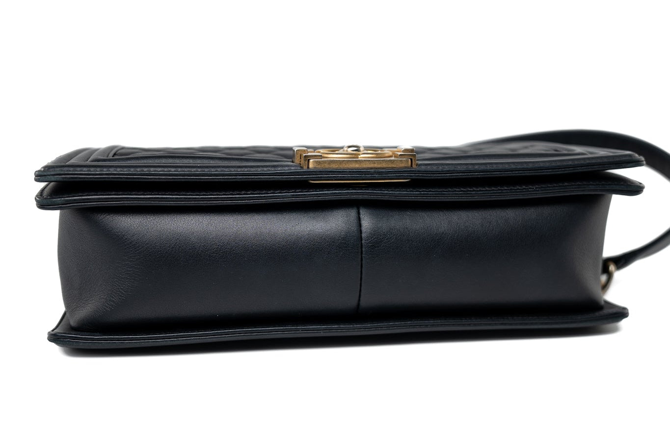 CHANEL Handbag Black Black Lambskin Quilted New Medium Boy Bag Aged Gold Hardware - Redeluxe