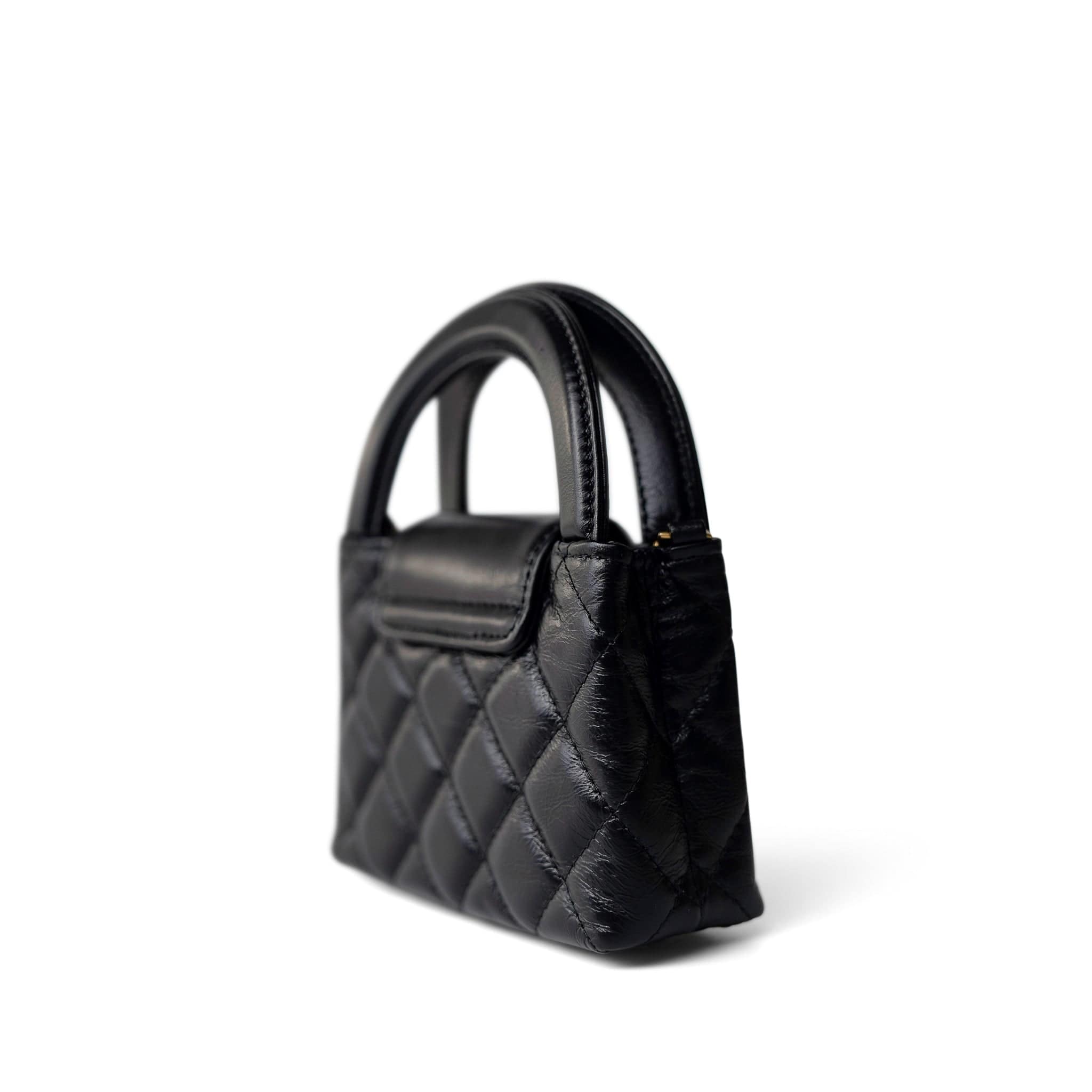 CHANEL Handbag Black Black Shiny Aged Calfskin Nano Kelly Mini Shopper - Redeluxe