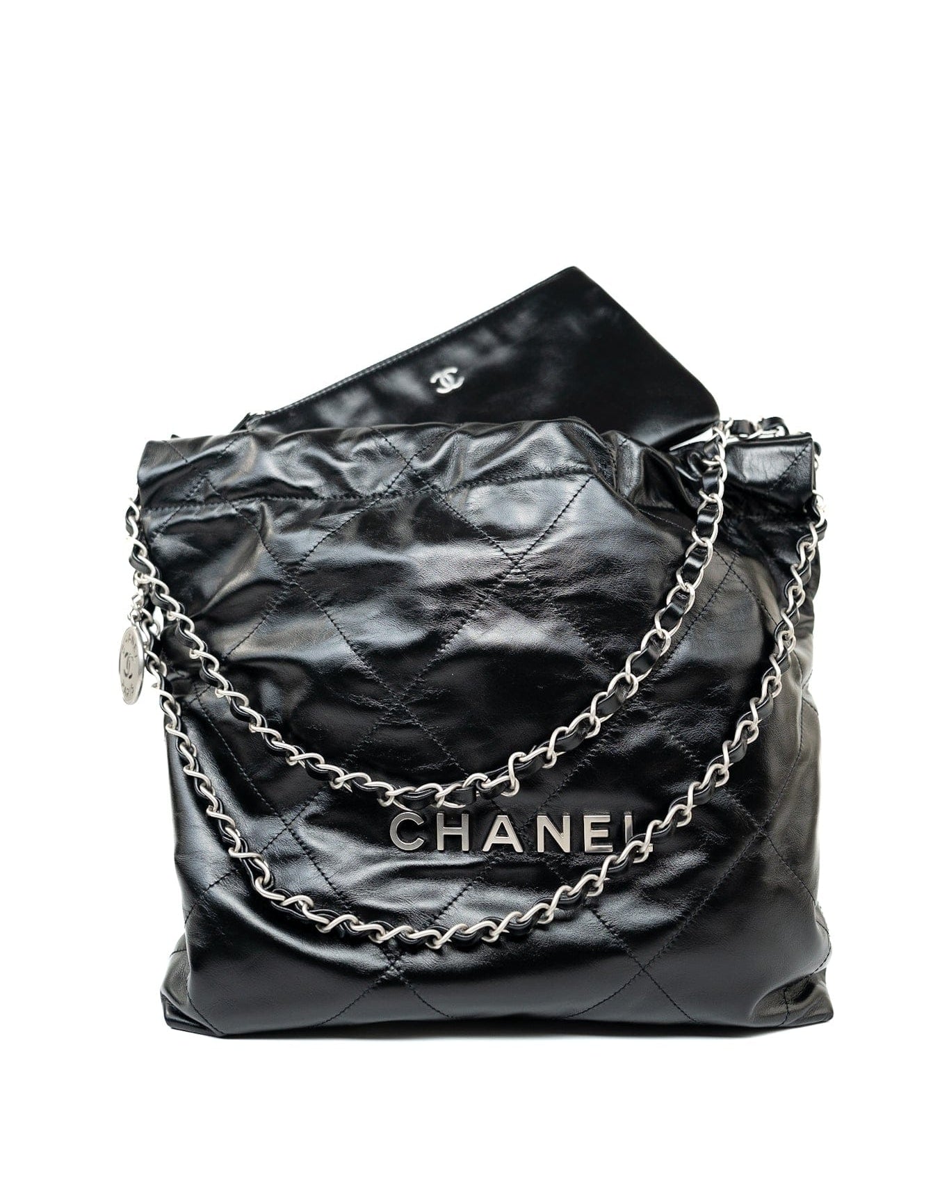 CHANEL Handbag Black Calfskin Quilted 22 Bag Small Aged Silver Hardware - Redeluxe