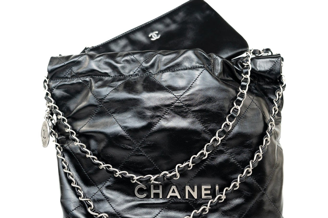 CHANEL Handbag Black Calfskin Quilted 22 Bag Small Aged Silver Hardware - Redeluxe