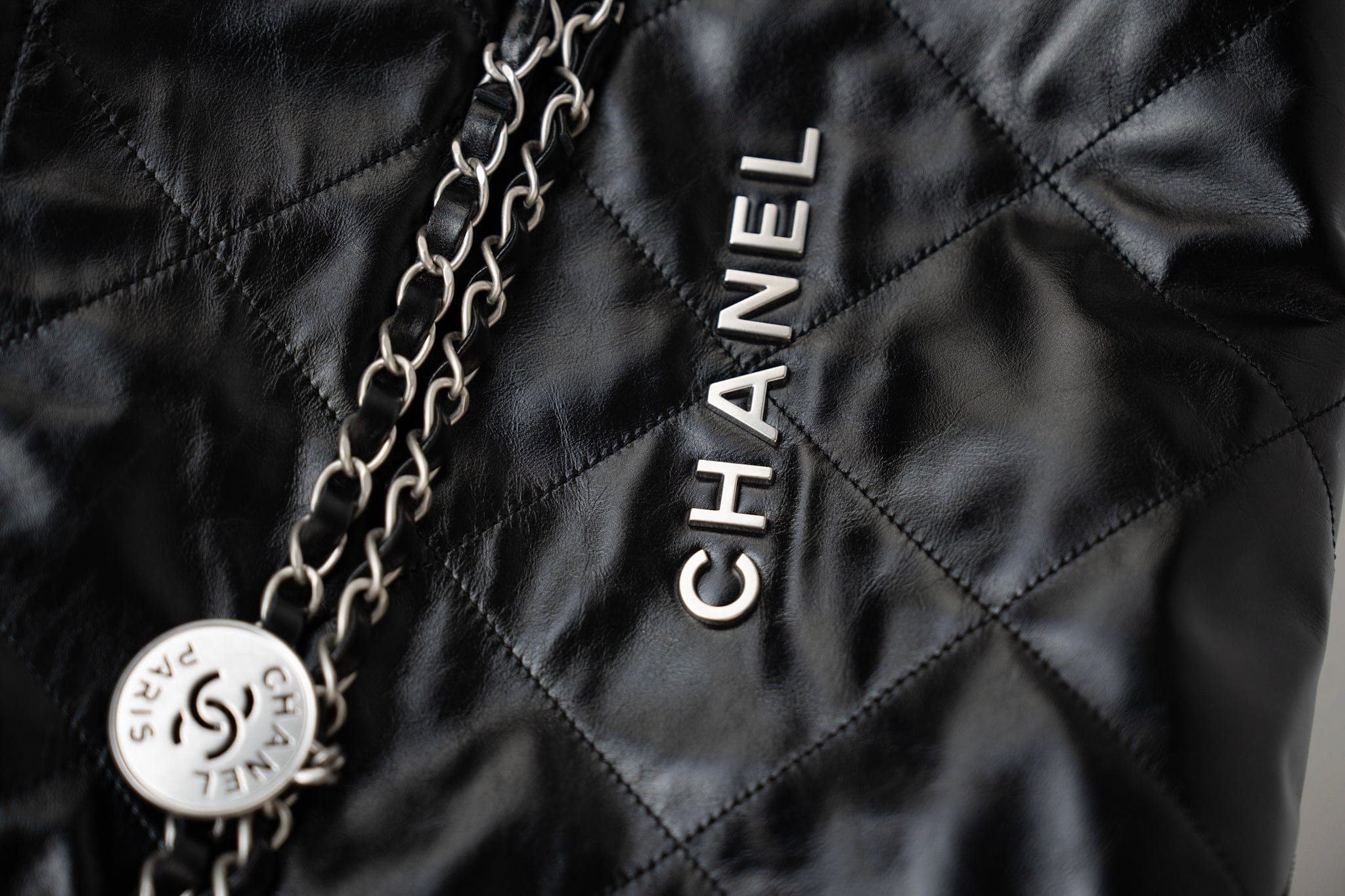 CHANEL Handbag Black Calfskin Quilted 22 Bag Small Aged Silver Hardware - Redeluxe