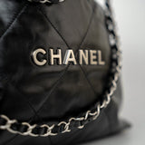 CHANEL Handbag Black Calfskin Quilted 22 Bag Small Aged Silver Hardware - Redeluxe