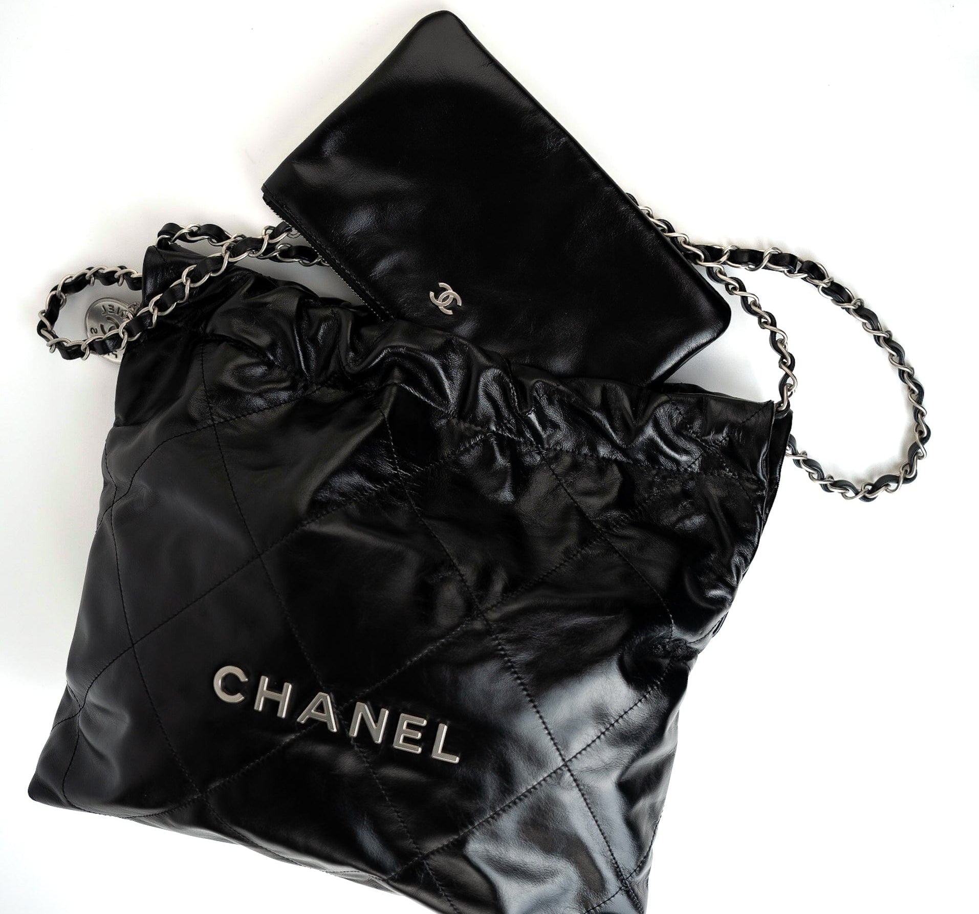 CHANEL Handbag Black Calfskin Quilted 22 Bag Small Aged Silver Hardware - Redeluxe