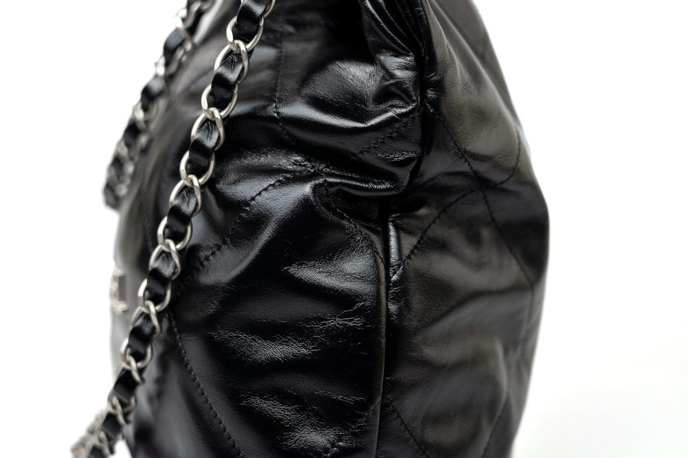 CHANEL Handbag Black Calfskin Quilted 22 Bag Small Aged Silver Hardware - Redeluxe