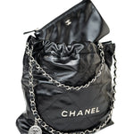 CHANEL Handbag Black Calfskin Quilted 22 Bag Small Aged Silver Hardware - Redeluxe