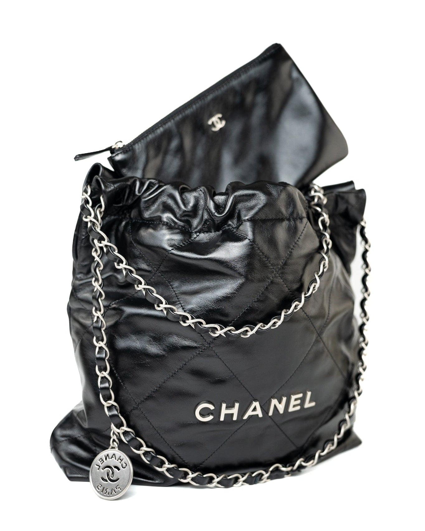 CHANEL Handbag Black Calfskin Quilted 22 Bag Small Aged Silver Hardware - Redeluxe