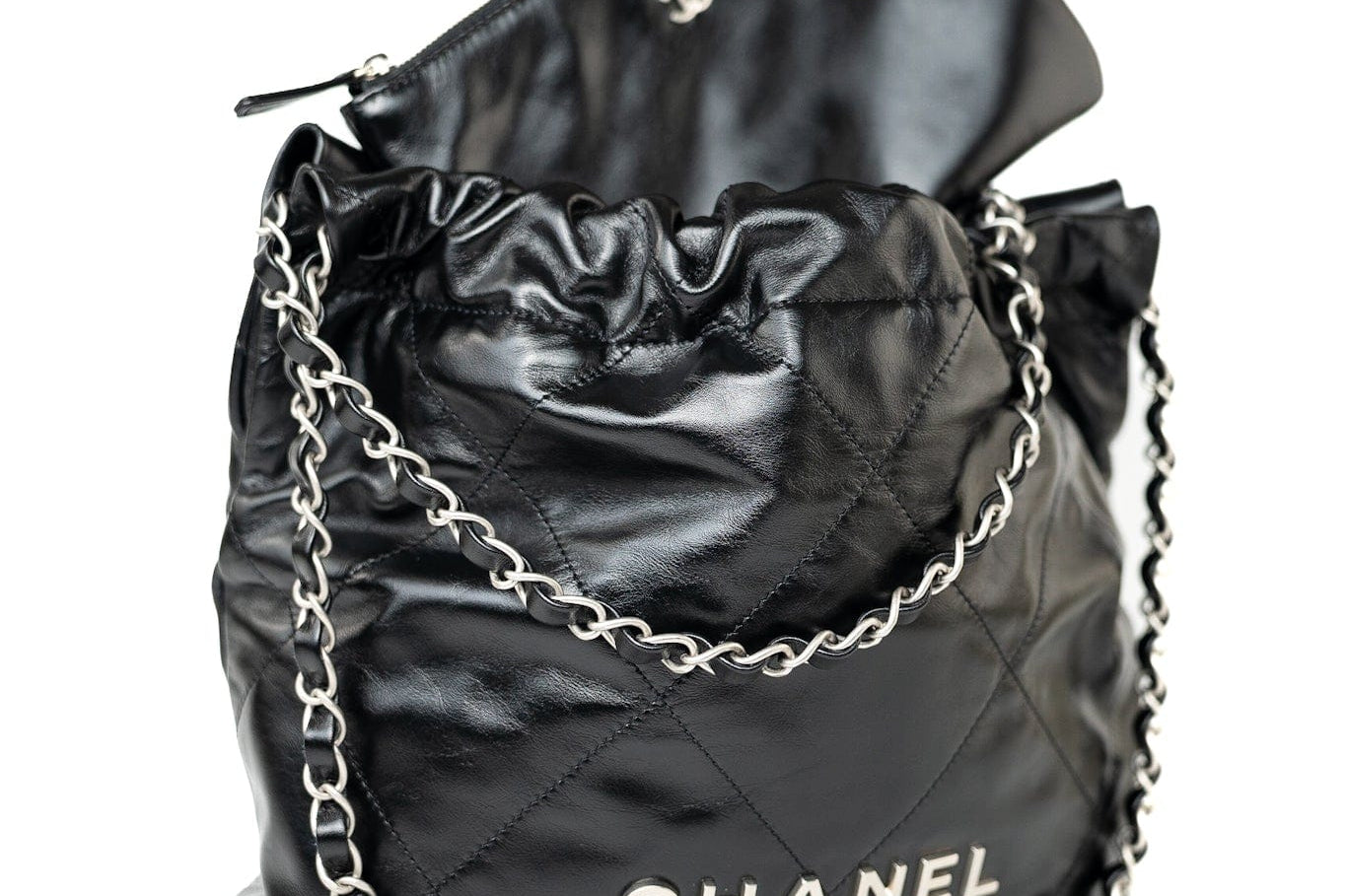 CHANEL Handbag Black Calfskin Quilted 22 Bag Small Aged Silver Hardware - Redeluxe