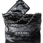 CHANEL Handbag Black Calfskin Quilted Drawstring 22 Bag Small Antique Silver Hardware - Redeluxe