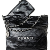 CHANEL Handbag Black Calfskin Quilted Drawstring 22 Bag Small Antique Silver Hardware - Redeluxe