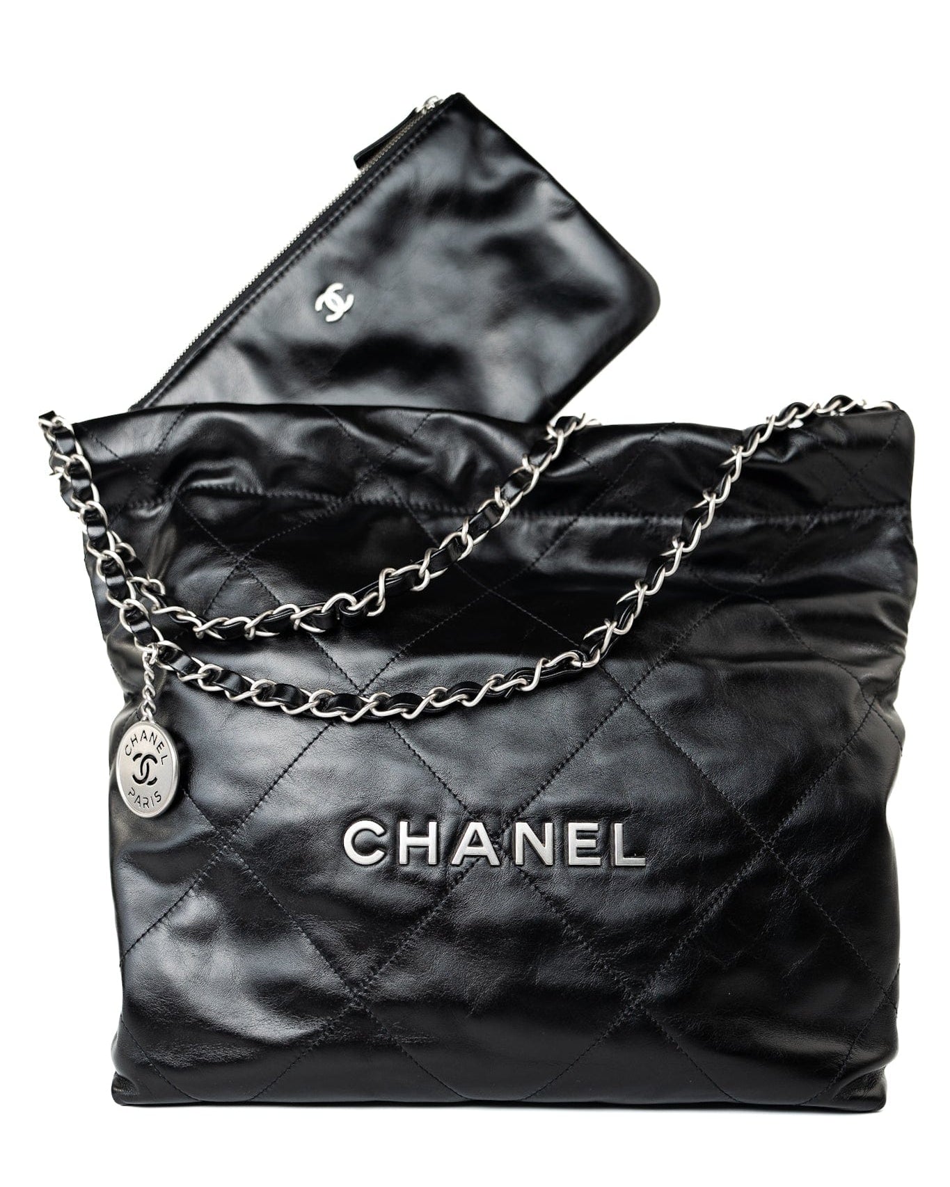 CHANEL Handbag Black Calfskin Quilted Drawstring 22 Bag Small Antique Silver Hardware - Redeluxe