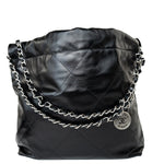 CHANEL Handbag Black Calfskin Quilted Drawstring 22 Bag Small Antique Silver Hardware - Redeluxe