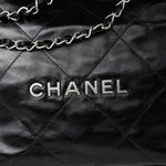 CHANEL Handbag Black Calfskin Quilted Drawstring 22 Bag Small Antique Silver Hardware - Redeluxe