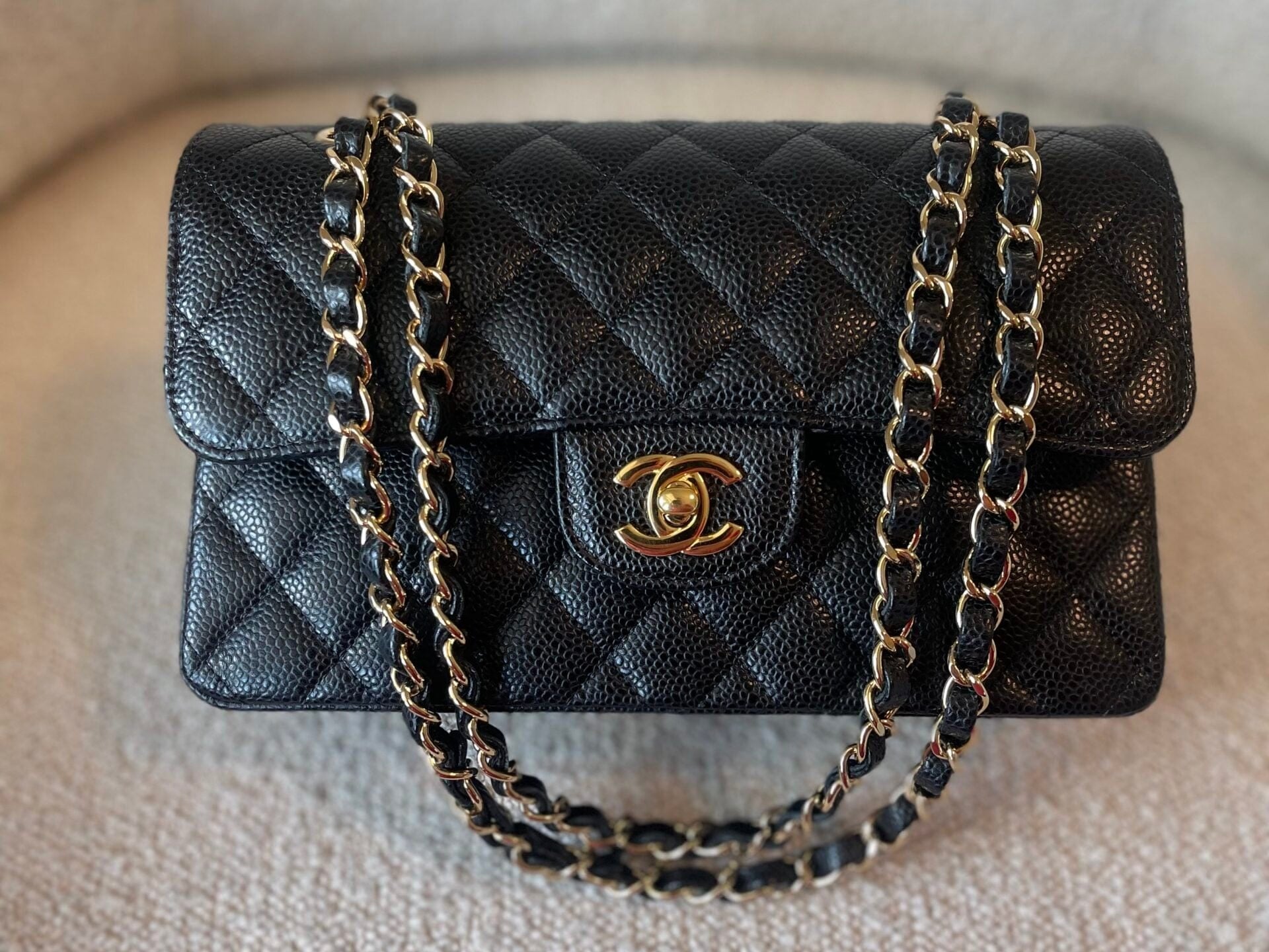CHANEL Handbag Black Caviar Quilted Classic Double Flap Small Gold Hardware - Redeluxe