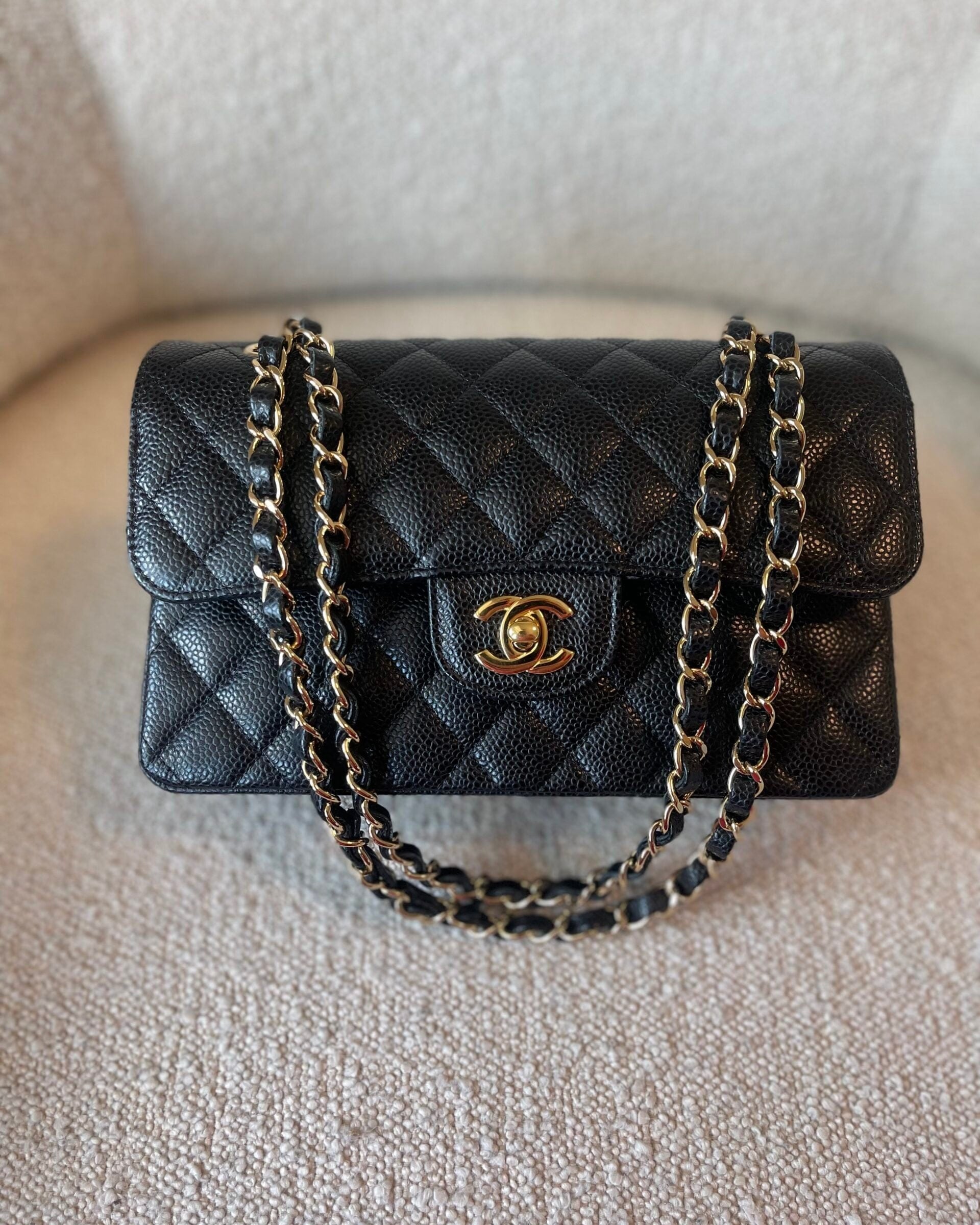 CHANEL Handbag Black Caviar Quilted Classic Double Flap Small Gold Hardware - Redeluxe