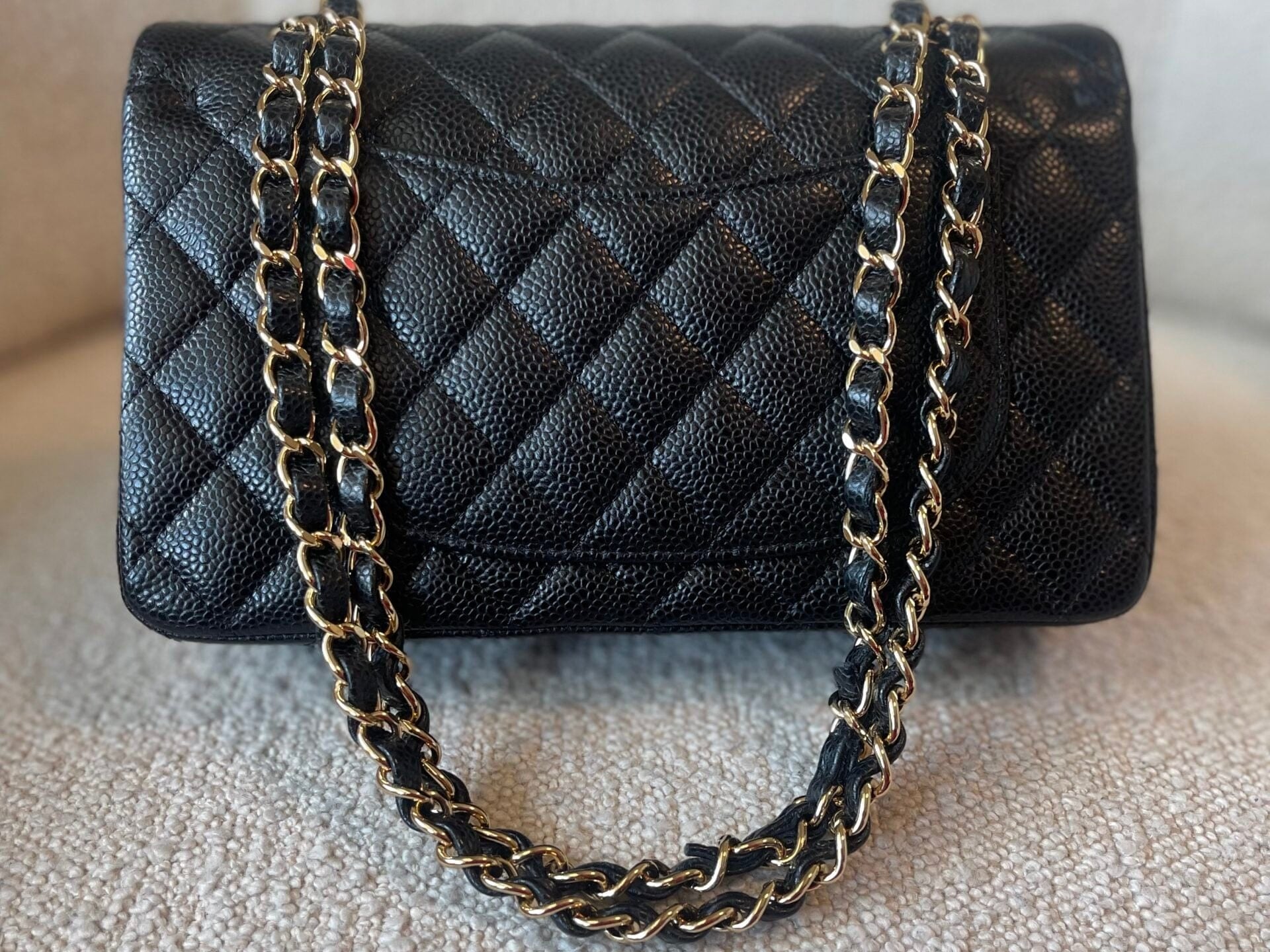 CHANEL Handbag Black Caviar Quilted Classic Double Flap Small Gold Hardware - Redeluxe