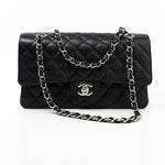 CHANEL Handbag Black Caviar Quilted Classic Flap Medium Silver Hardware - Redeluxe
