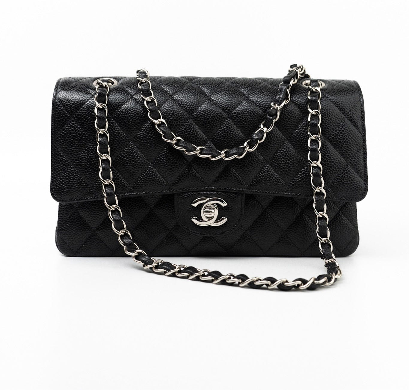 CHANEL Handbag Black Caviar Quilted Classic Flap Medium Silver Hardware - Redeluxe