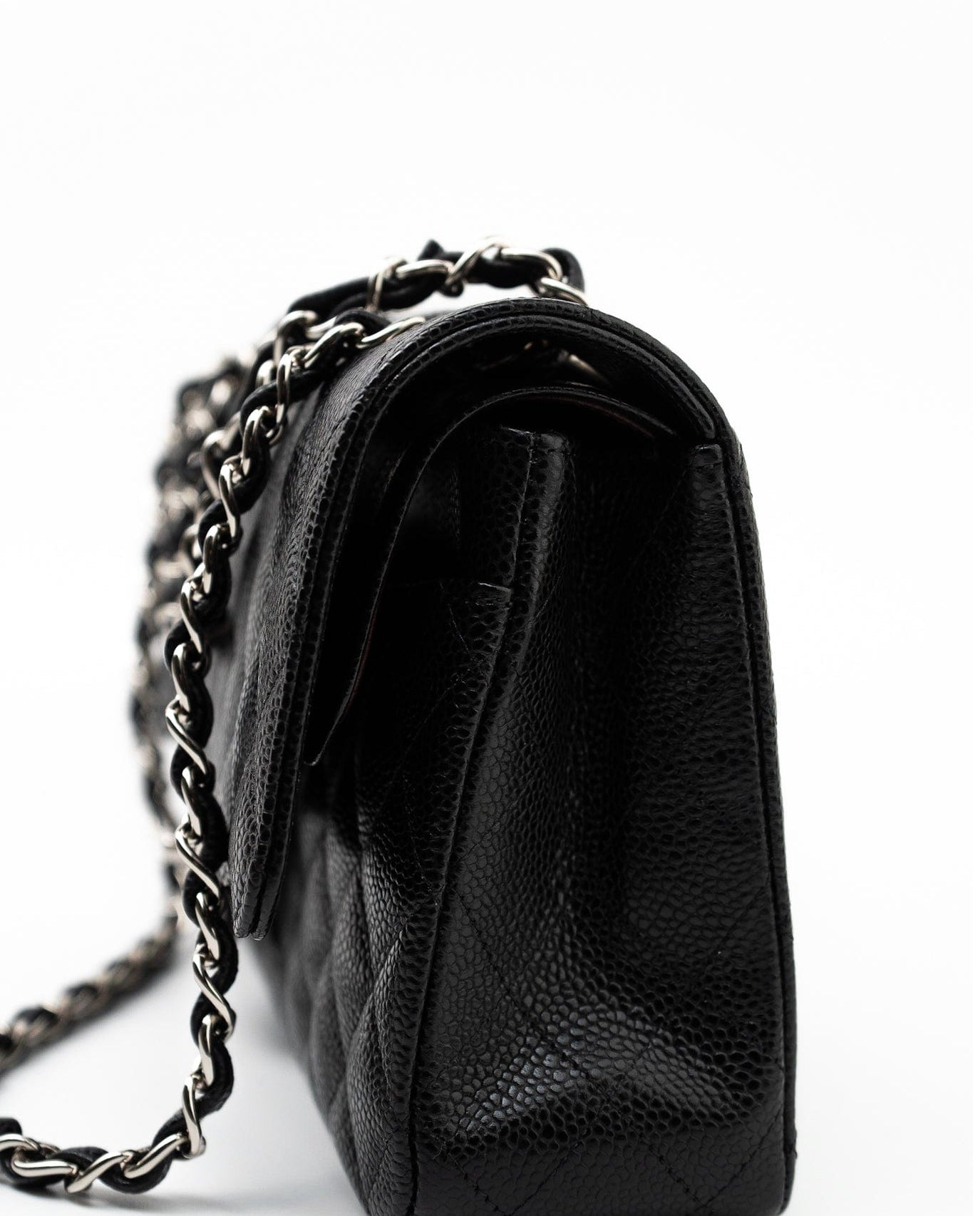 CHANEL Handbag Black Caviar Quilted Classic Flap Medium Silver Hardware - Redeluxe