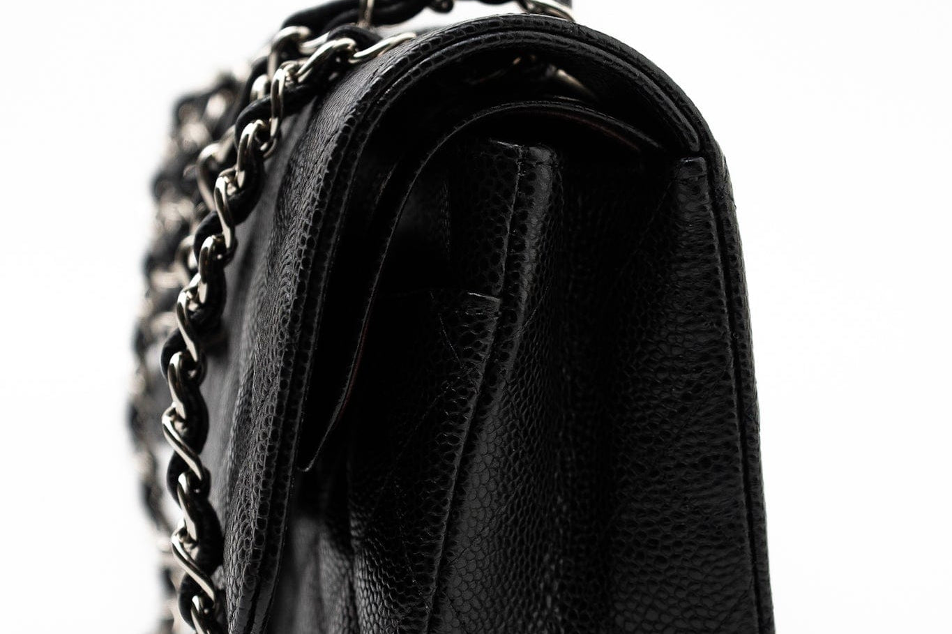 CHANEL Handbag Black Caviar Quilted Classic Flap Medium Silver Hardware - Redeluxe