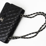 CHANEL Handbag Black Caviar Quilted Classic Flap Medium Silver Hardware - Redeluxe