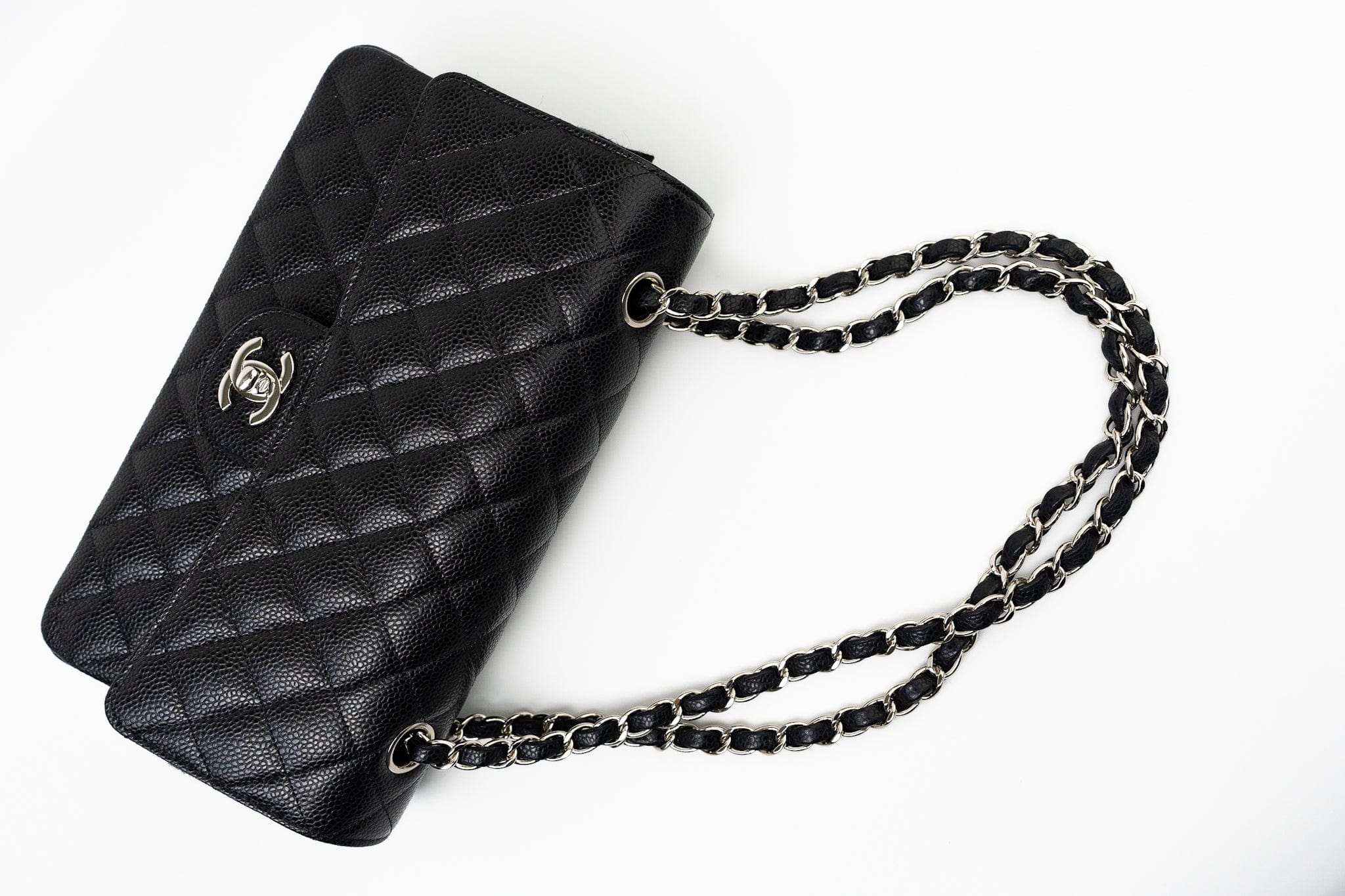 CHANEL Handbag Black Caviar Quilted Classic Flap Medium Silver Hardware - Redeluxe