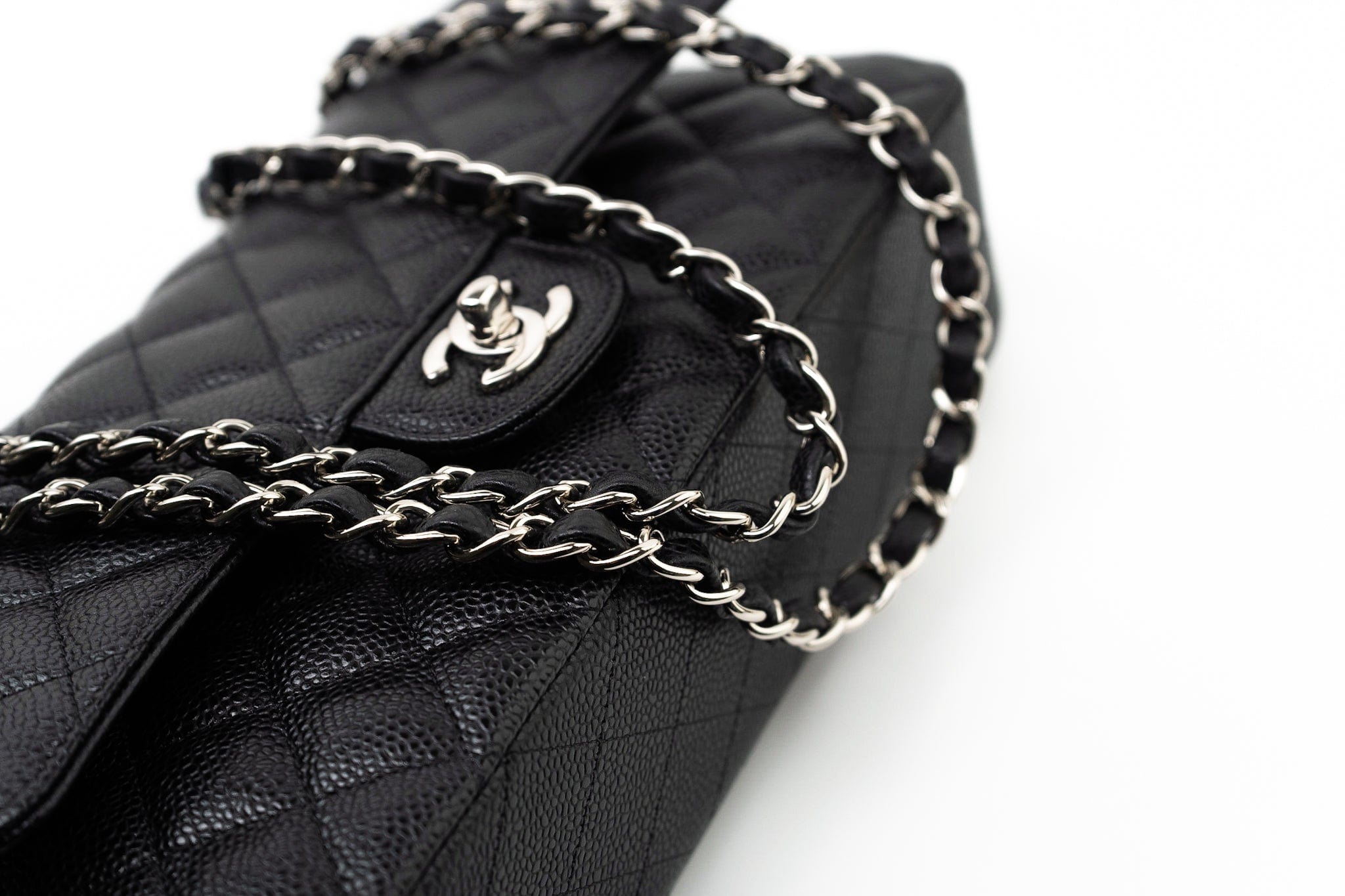 CHANEL Handbag Black Caviar Quilted Classic Flap Medium Silver Hardware - Redeluxe