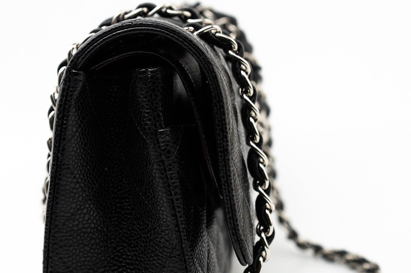 CHANEL Handbag Black Caviar Quilted Classic Flap Medium Silver Hardware - Redeluxe