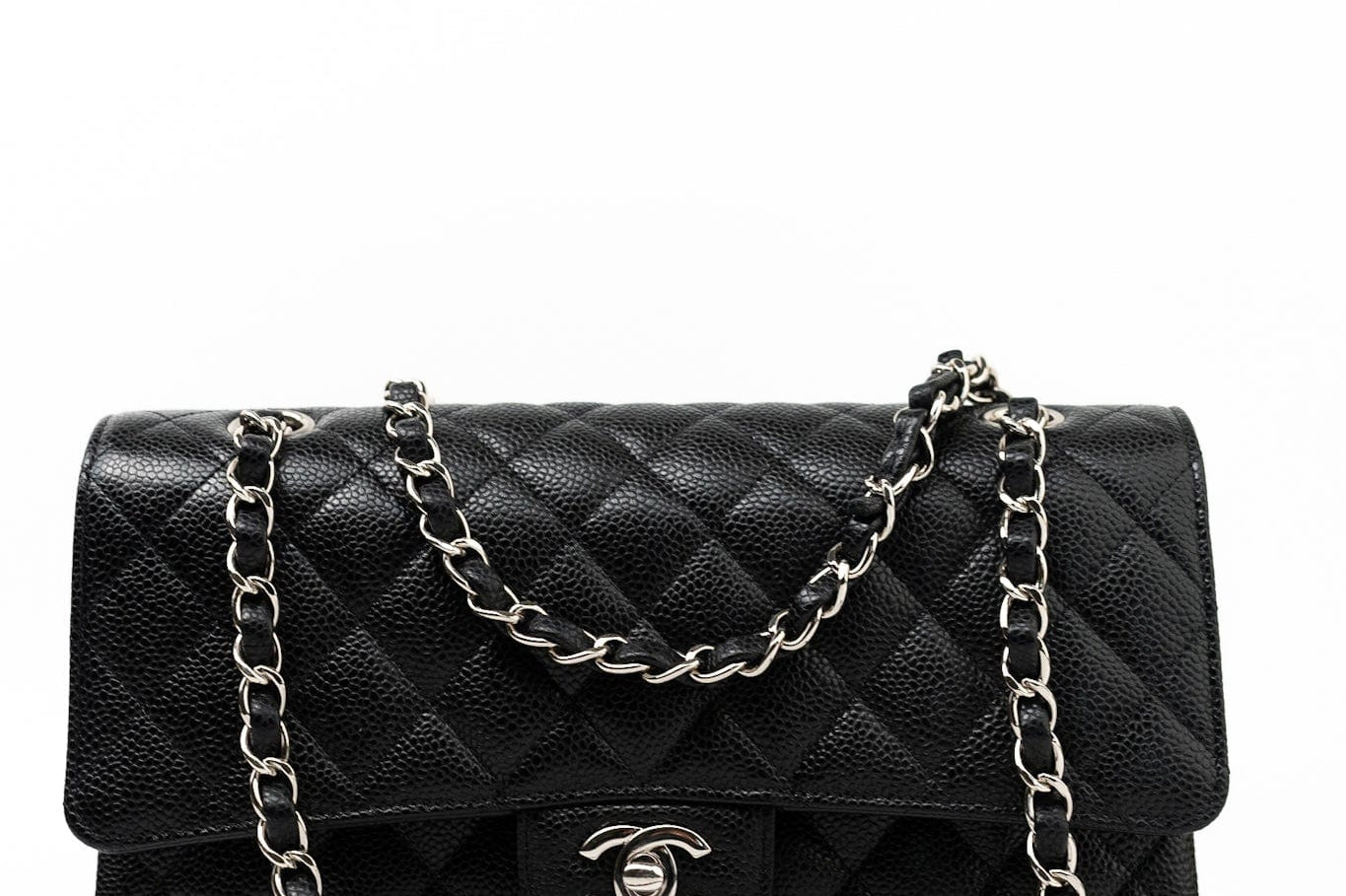 CHANEL Handbag Black Caviar Quilted Classic Flap Medium Silver Hardware - Redeluxe