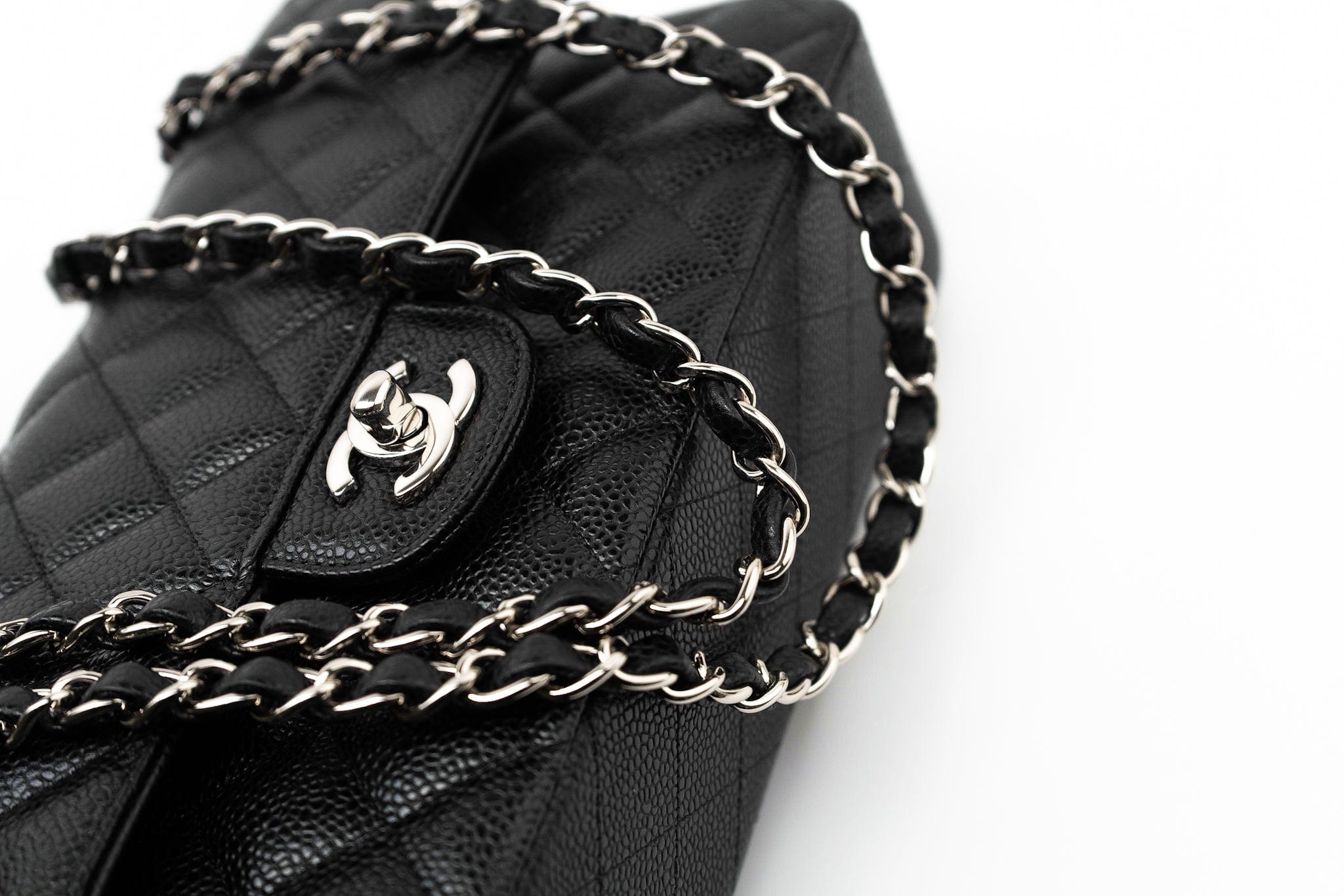 CHANEL Handbag Black Caviar Quilted Classic Flap Medium Silver Hardware - Redeluxe