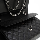 CHANEL Handbag Black Caviar Quilted Classic Flap Medium Silver Hardware - Redeluxe