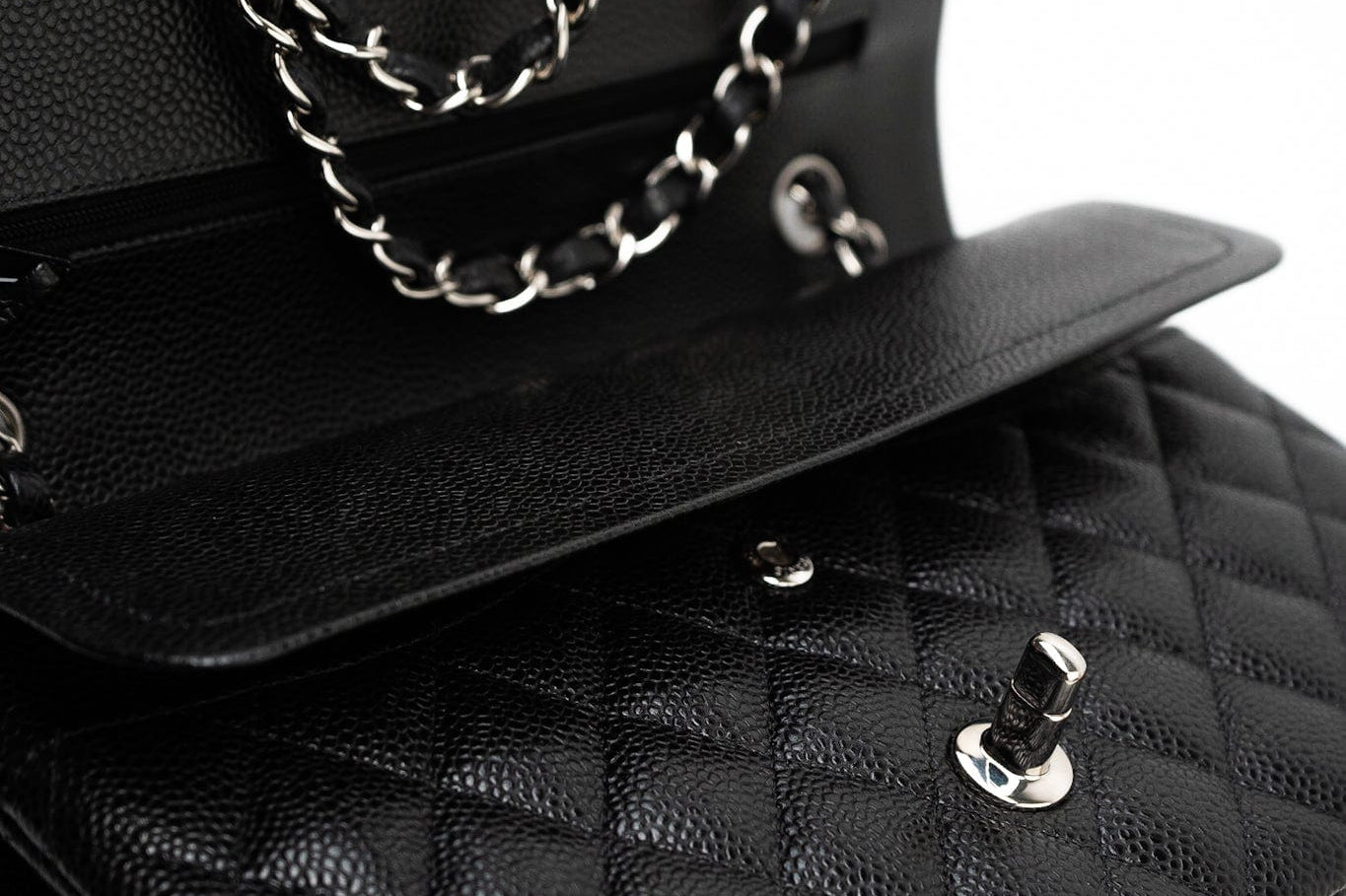 CHANEL Handbag Black Caviar Quilted Classic Flap Medium Silver Hardware - Redeluxe