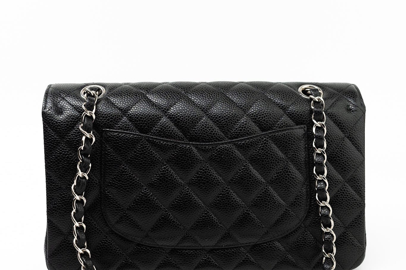 CHANEL Handbag Black Caviar Quilted Classic Flap Medium Silver Hardware - Redeluxe