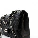 CHANEL Handbag Black Caviar Quilted Classic Flap Medium Silver Hardware - Redeluxe