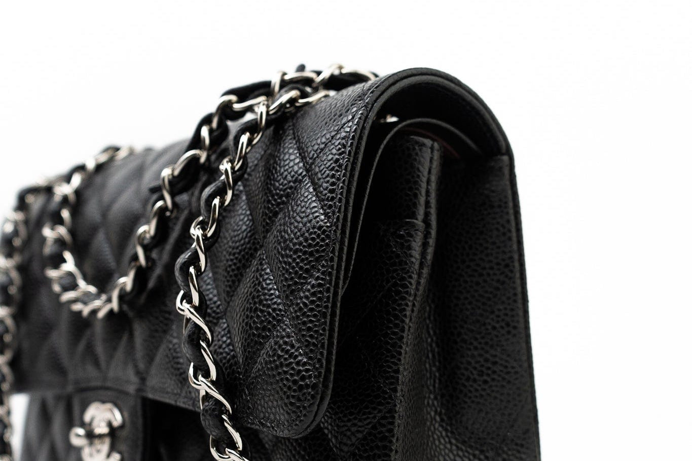 CHANEL Handbag Black Caviar Quilted Classic Flap Medium Silver Hardware - Redeluxe