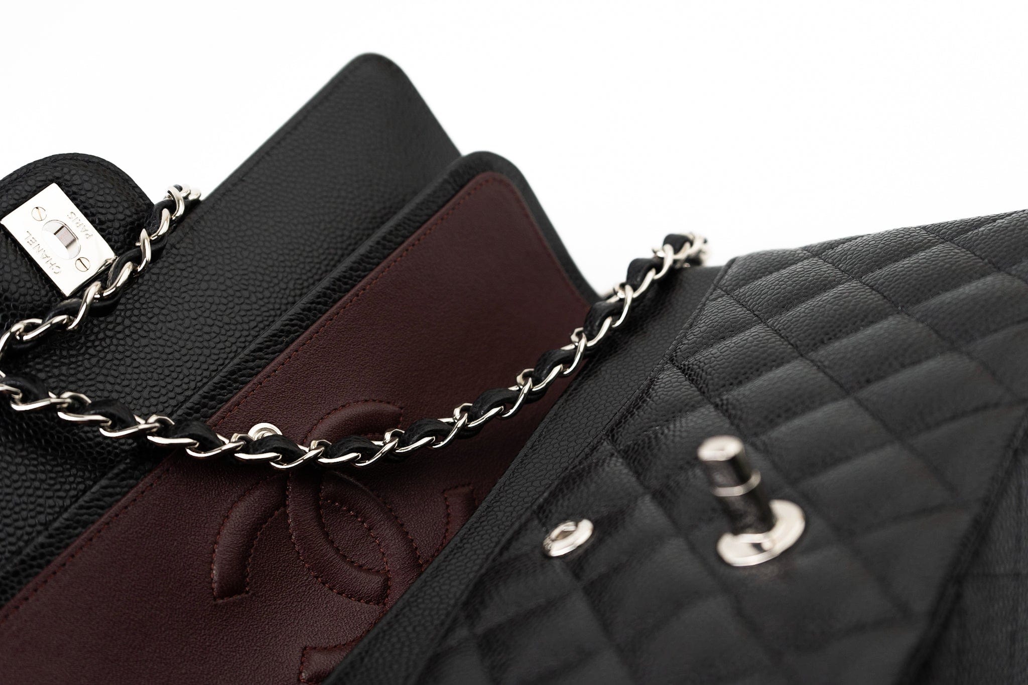 CHANEL Handbag Black Caviar Quilted Classic Flap Medium Silver Hardware - Redeluxe