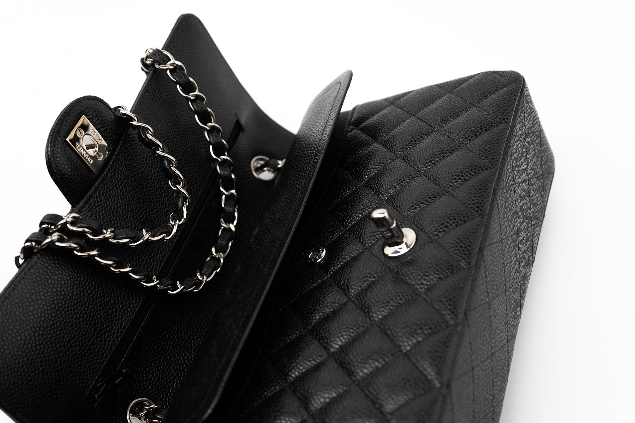 CHANEL Handbag Black Caviar Quilted Classic Flap Medium Silver Hardware - Redeluxe