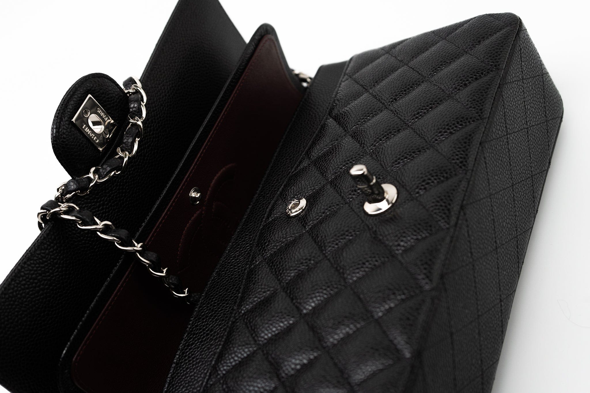 CHANEL Handbag Black Caviar Quilted Classic Flap Medium Silver Hardware - Redeluxe