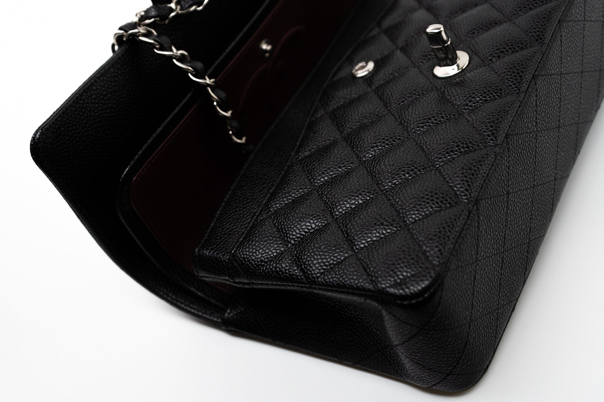 CHANEL Handbag Black Caviar Quilted Classic Flap Medium Silver Hardware - Redeluxe