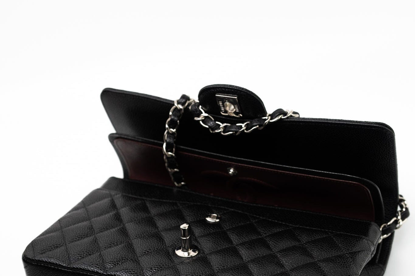 CHANEL Handbag Black Caviar Quilted Classic Flap Medium Silver Hardware - Redeluxe