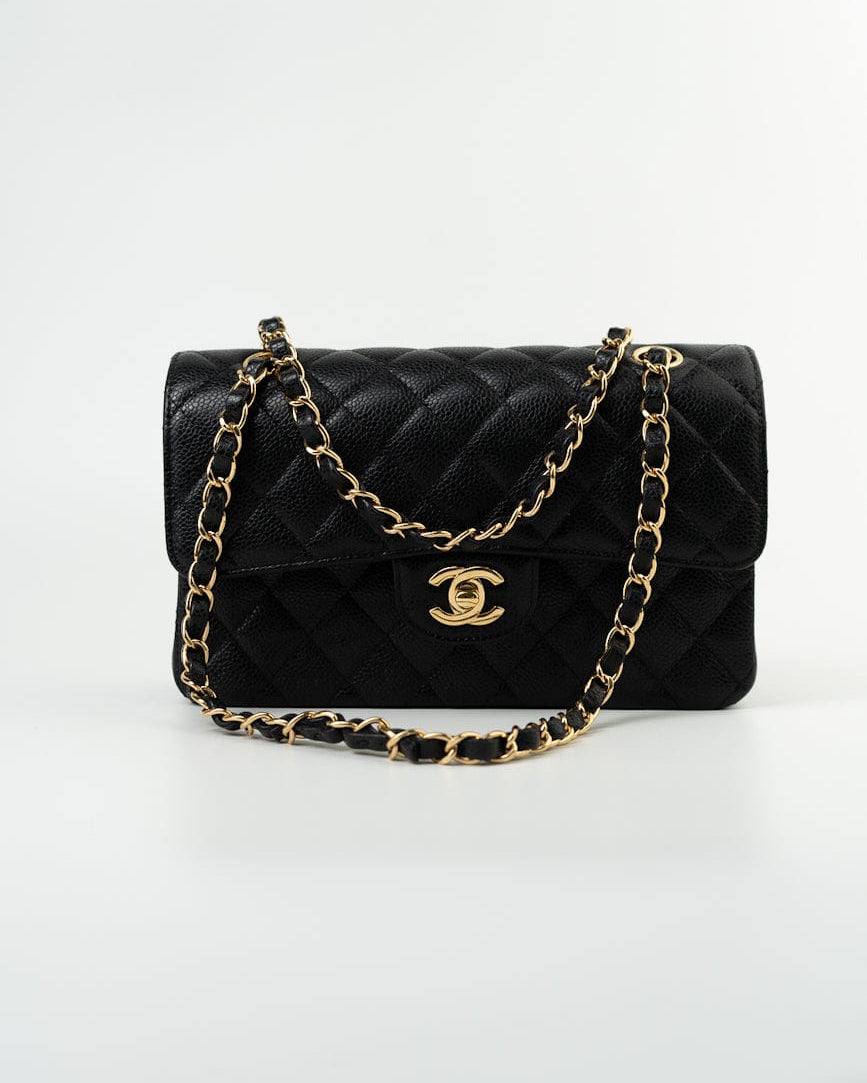 CHANEL Handbag Black Caviar Quilted Classic Flap Small Gold Hardware - Redeluxe