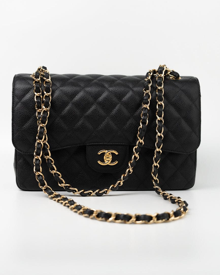CHANEL Handbag Black Caviar Quilted Jumbo Classic Flap GHW - Redeluxe