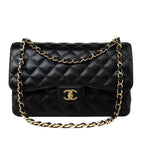 CHANEL Handbag Black Caviar Quilted Jumbo Classic Flap Gold Hardware - Redeluxe