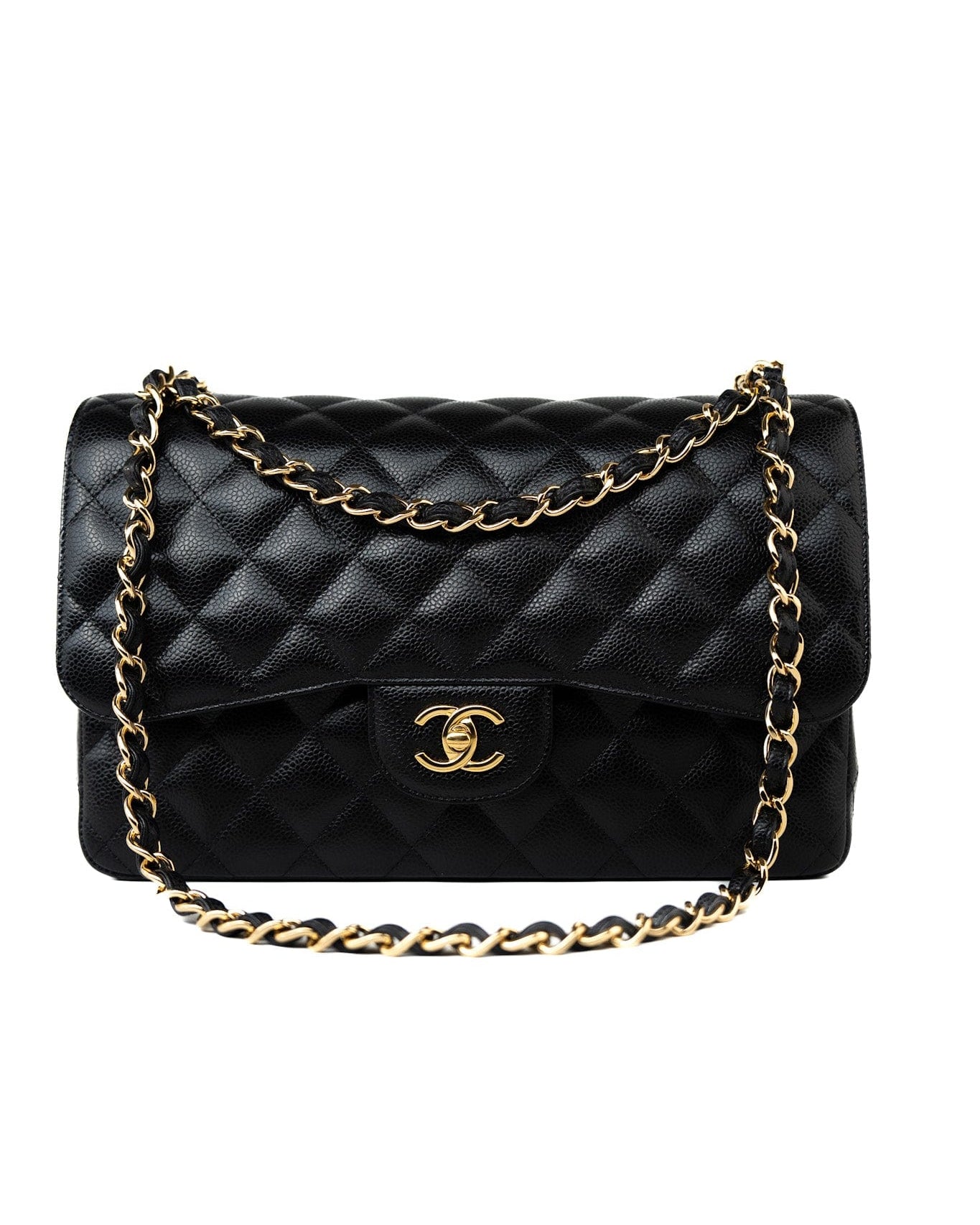 CHANEL Handbag Black Caviar Quilted Jumbo Classic Flap Gold Hardware - Redeluxe