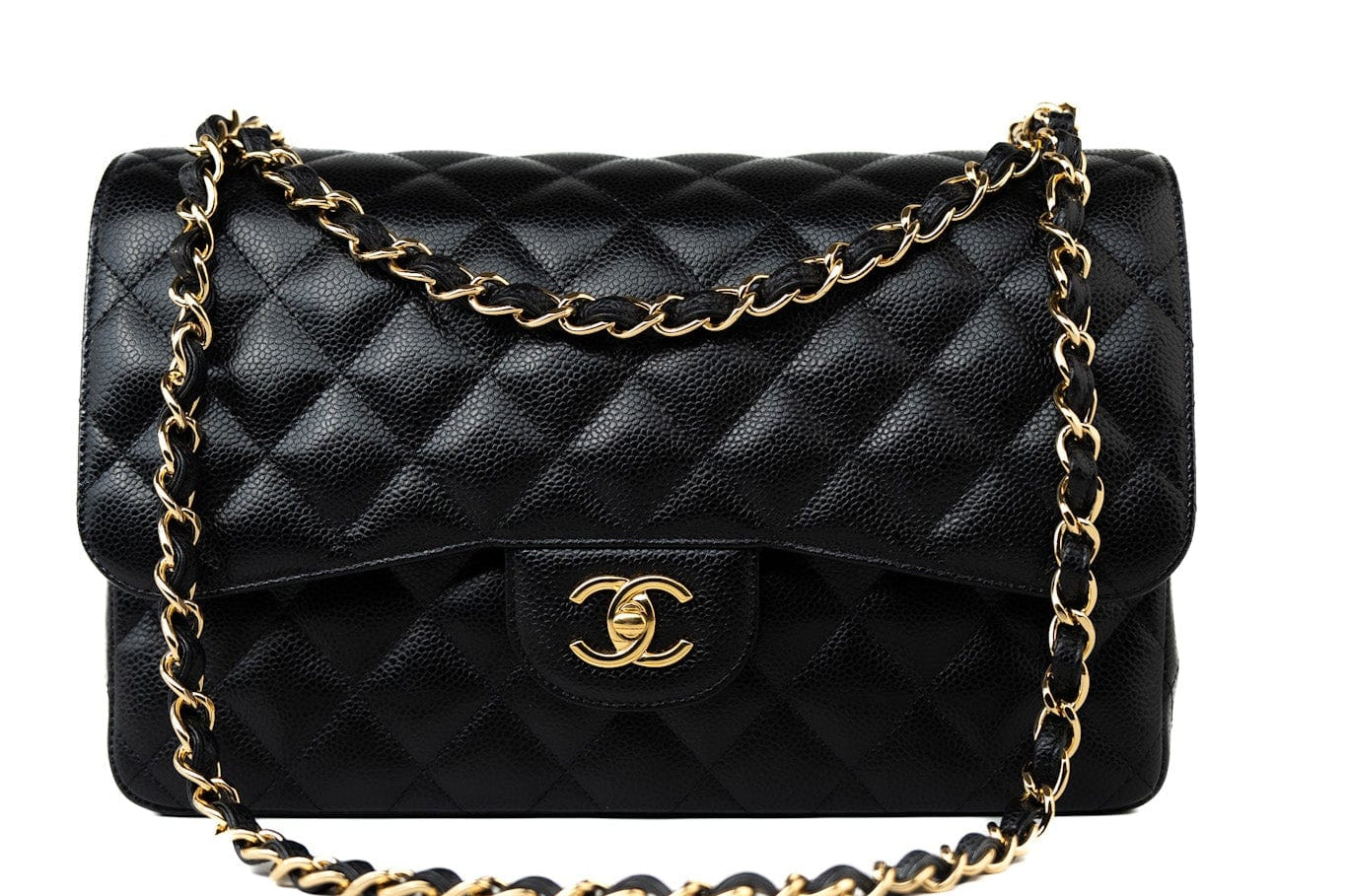 CHANEL Handbag Black Caviar Quilted Jumbo Classic Flap Gold Hardware - Redeluxe