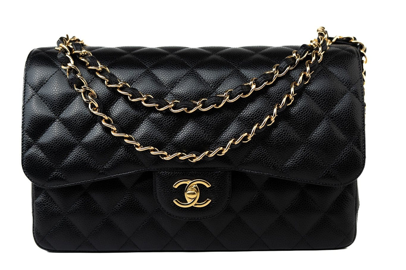 CHANEL Handbag Black Caviar Quilted Jumbo Classic Flap Gold Hardware - Redeluxe