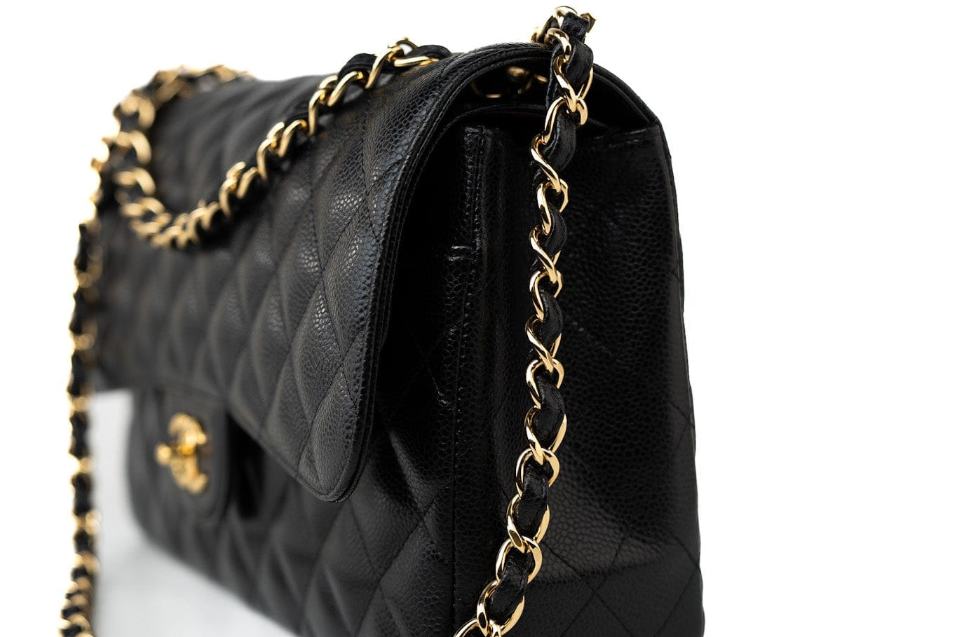 CHANEL Handbag Black Caviar Quilted Jumbo Classic Flap Gold Hardware - Redeluxe
