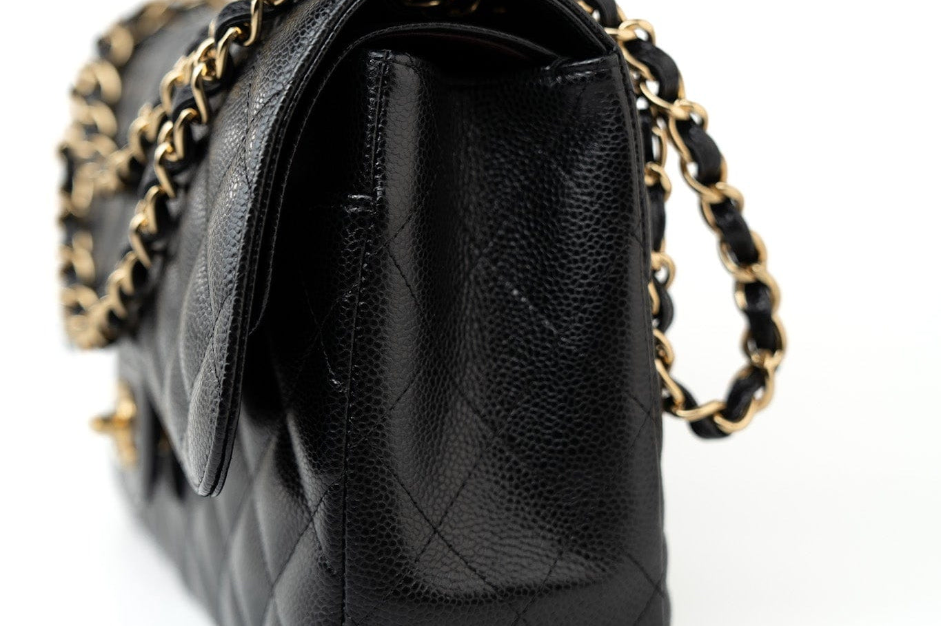CHANEL Handbag Black Caviar Quilted Jumbo Classic Flap Gold Hardware - Redeluxe