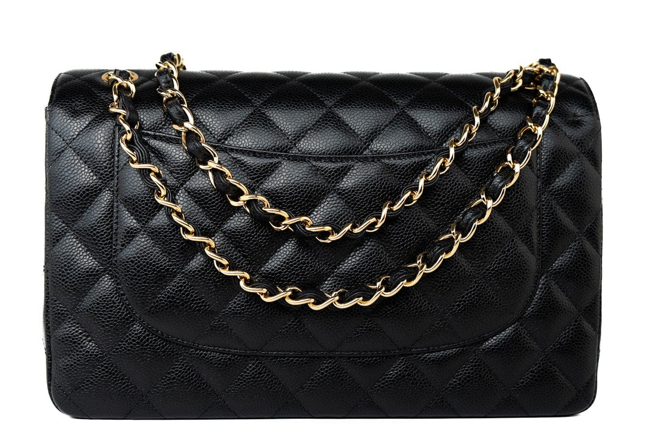 CHANEL Handbag Black Caviar Quilted Jumbo Classic Flap Gold Hardware - Redeluxe