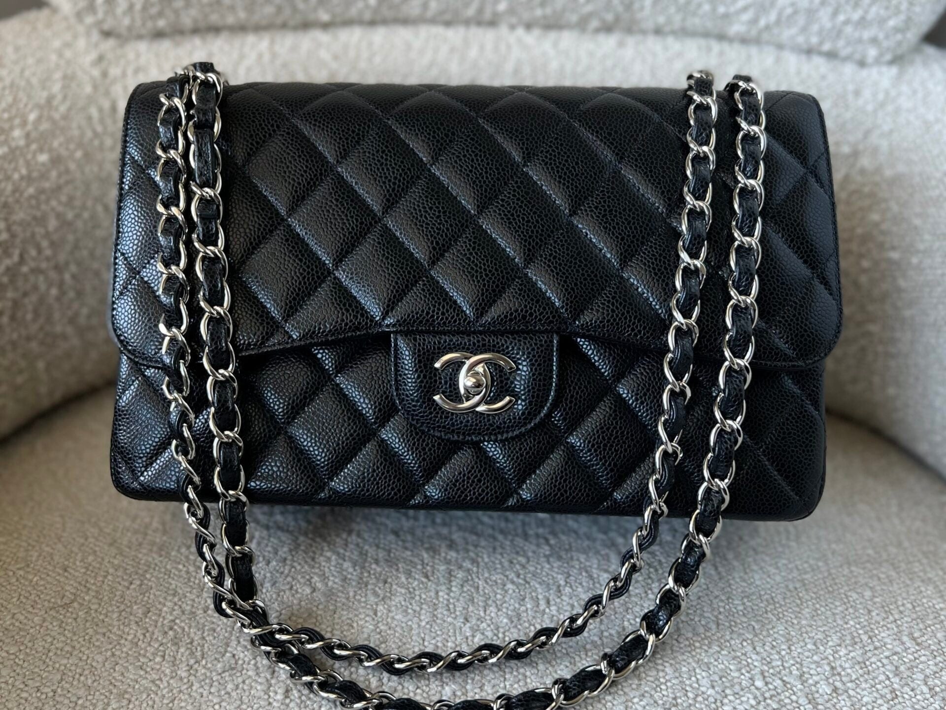 CHANEL Handbag Black Caviar Quilted Jumbo Classic Flap Silver Hardware - Redeluxe